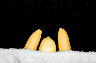 Two bananas and a lemon partially covered by a white towel against a black background, resembling a playful striptease