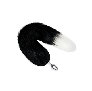 Black and white fox tail butt plug with a smooth metal base for roleplay and anal play