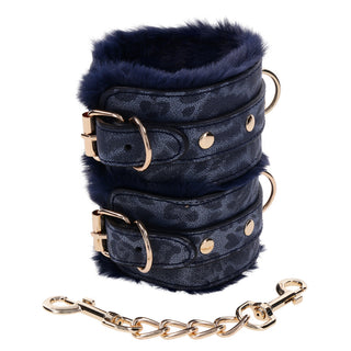 Sportsheets Cougar Faux Fur Handcuffs – Luxe Navy & Gold Restraints