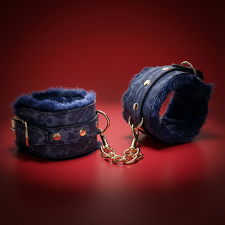 Cougar Faux Fur Handcuffs – Navy & Gold Adjustable Bondage Cuffs