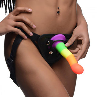 Proud Rainbow Silicone Dildo with Harness by XR Brands – Discreet Sex Toys & Erotic Games from My Devilish Desires