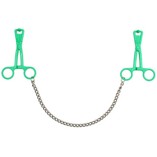 Green Scissor Nipple Clamps With Metal Chain by Rimba – Discreet Sex Toys & Erotic Games from My Devilish Desires